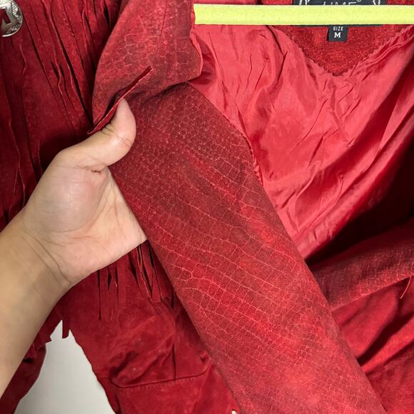 Outerbound by HMS Red Cropped Fringe Vintage Leather Jacket Sz M - Picture 6 of 16